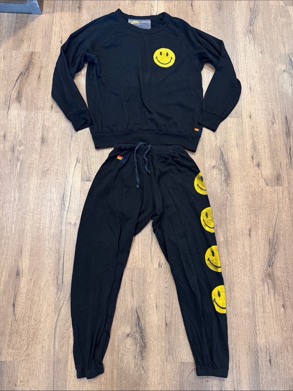 Aviator Nation Black Sweatshirt & Joggers with Yellow Smiley Faces